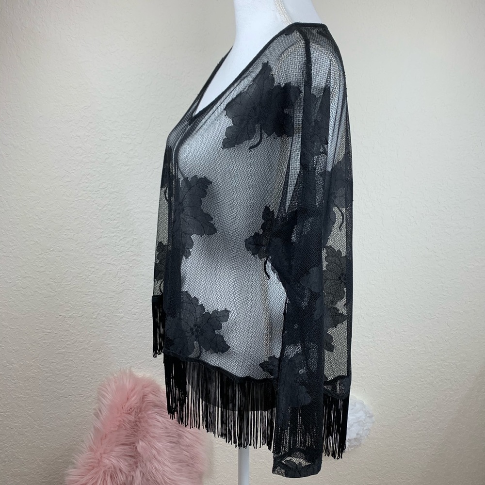 ASTR Black Sheer Leaf Print Fringe Top - Picture 7 of 12